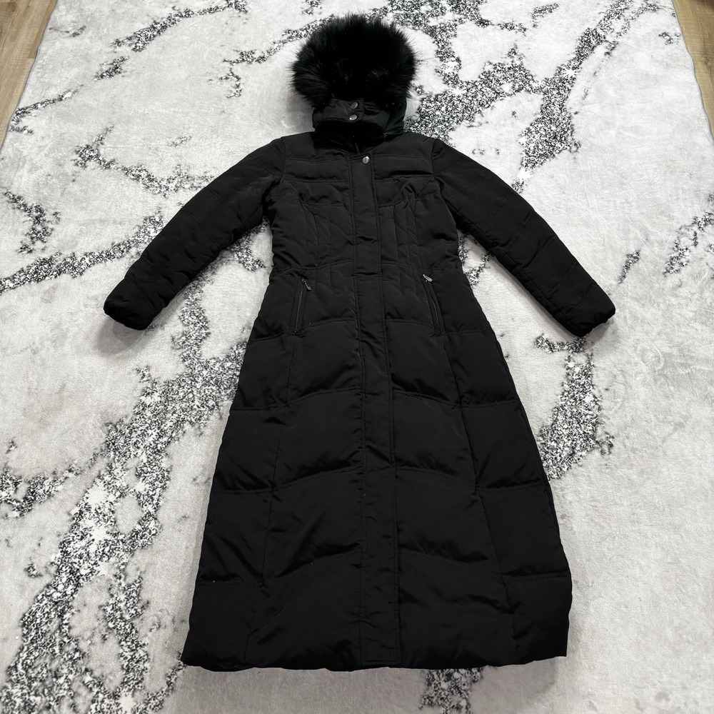 1 Madison Puffer Coat Women Size S Black Long Quilted Hooded Winter Parka Jacket